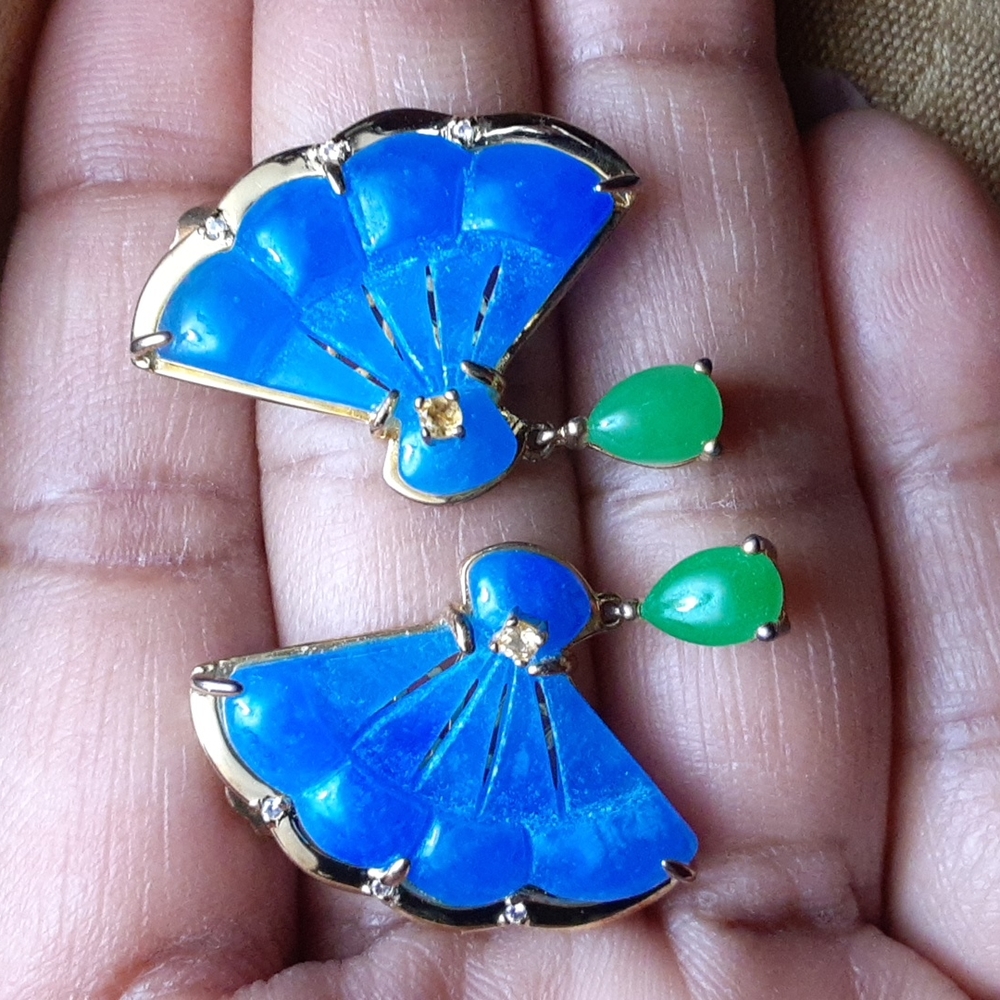 Gold over 925, Blue and Green Burmese Jade, Citrine and natural White Zircons - Picture 1 of 7